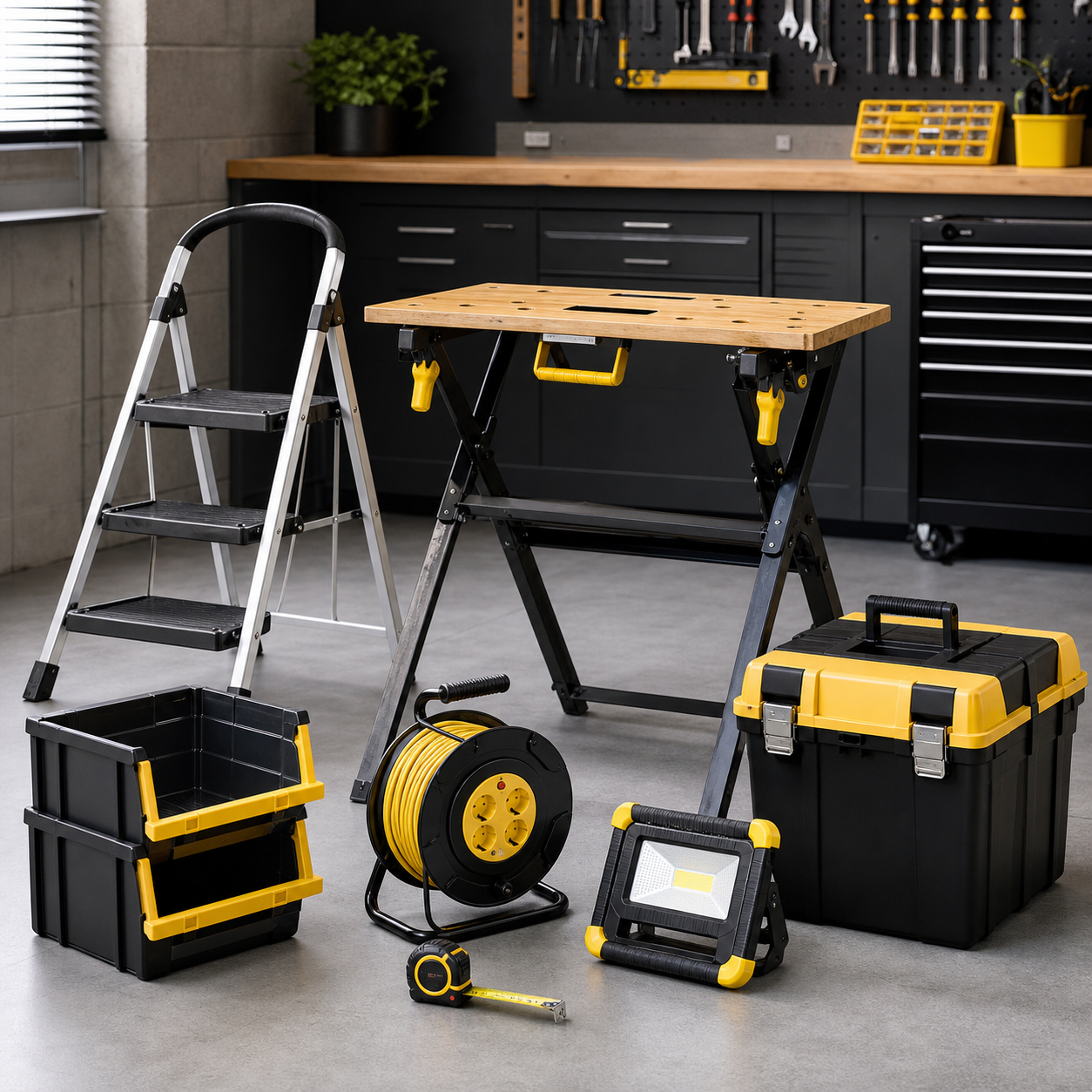 Workshop equipment, storage, ladder and work light