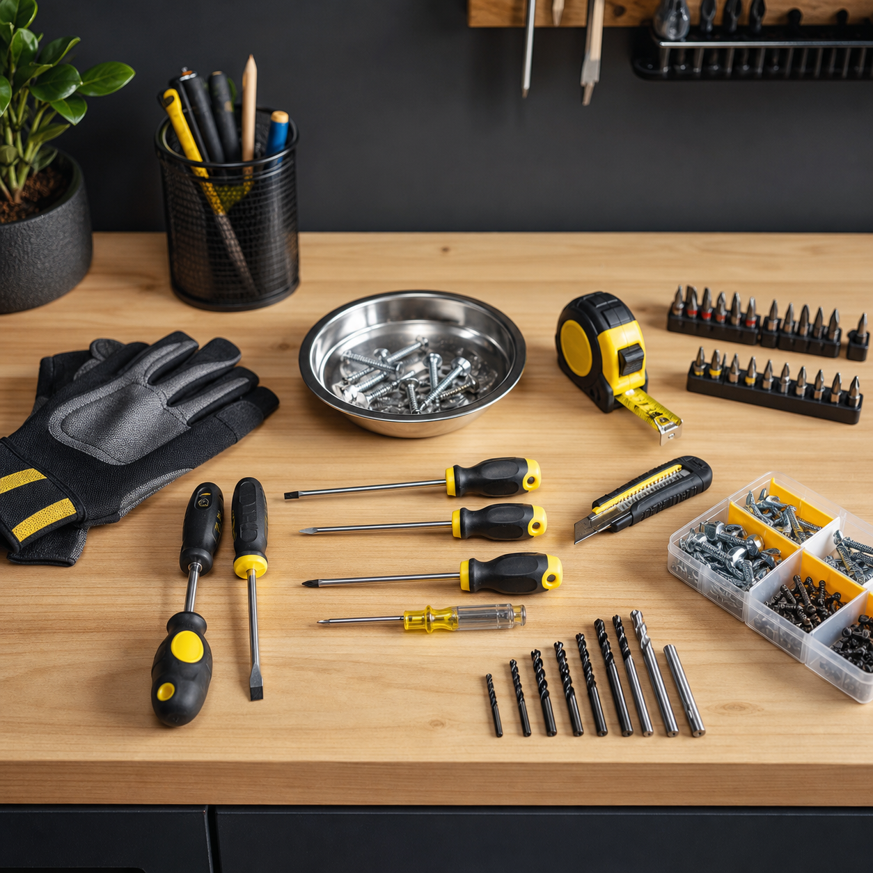 Tools and accessories arranged on a workbench