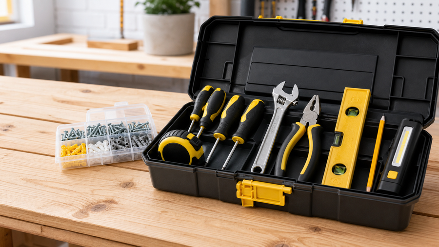 Small home toolbox with essential hand tools