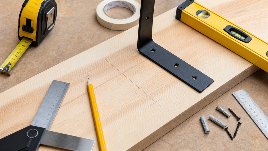 Measuring and marking tools on a timber board