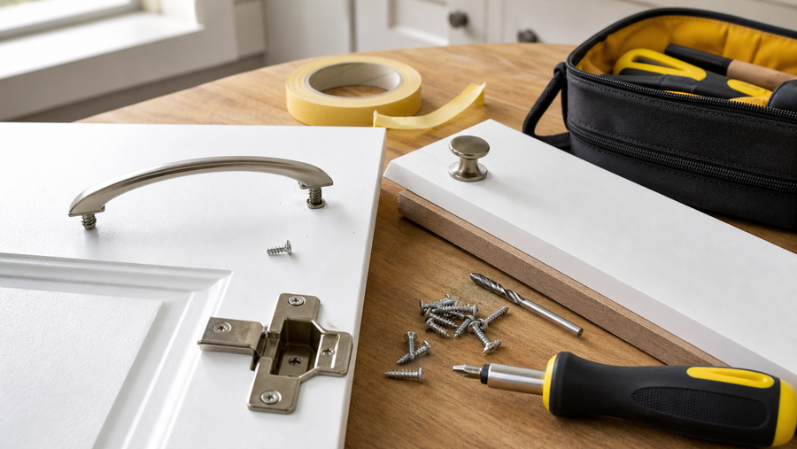 Cabinet handles hinges and screws ready for repair