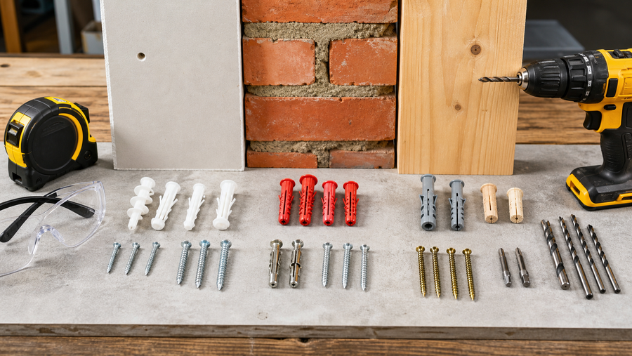 Wall plugs anchors screws and drill bits by wall material