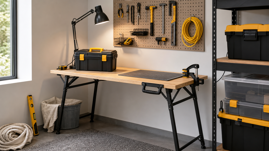 Compact home DIY workspace with folding workbench and storage