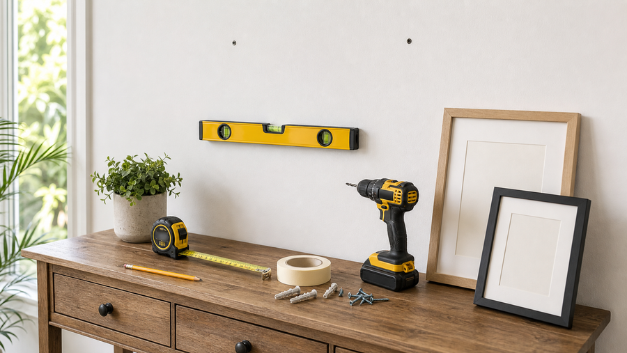 Picture hanging tools arranged under a wall