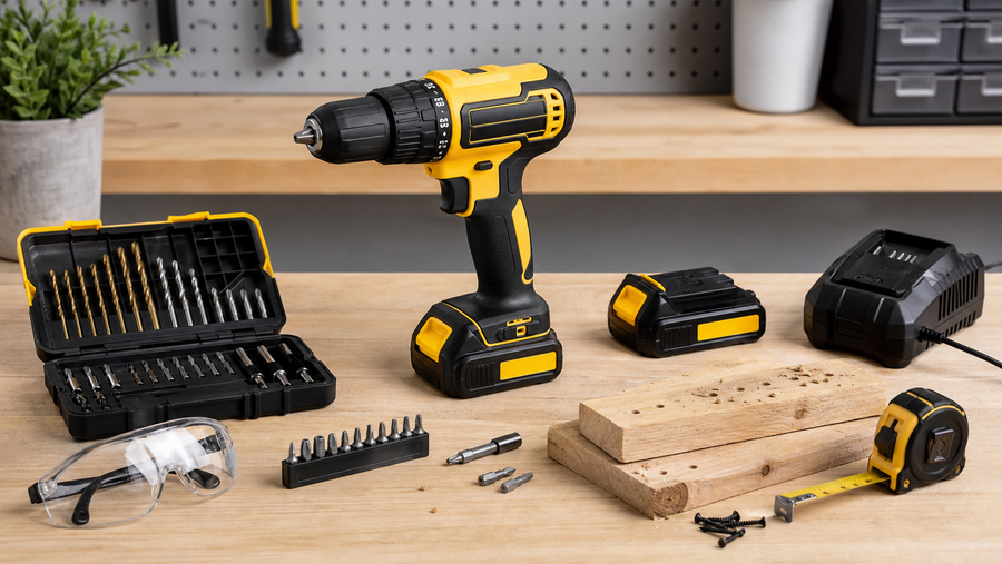 Cordless drill with bits batteries and safety glasses