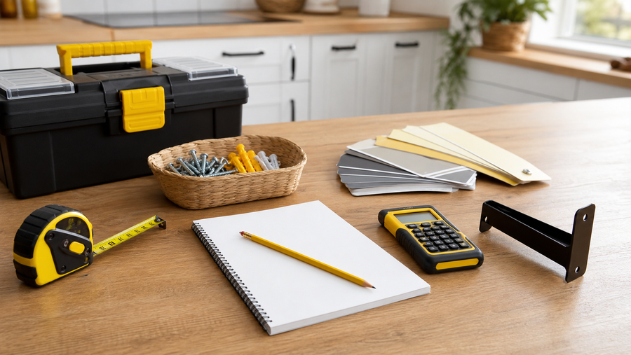 DIY project planning tools and blank notepad on a workbench