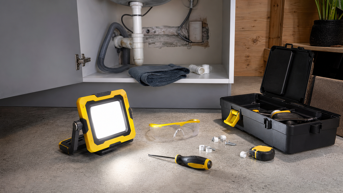 Portable work light illuminating an under sink repair area