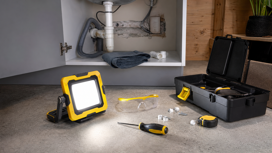 Portable work light illuminating an under sink repair area