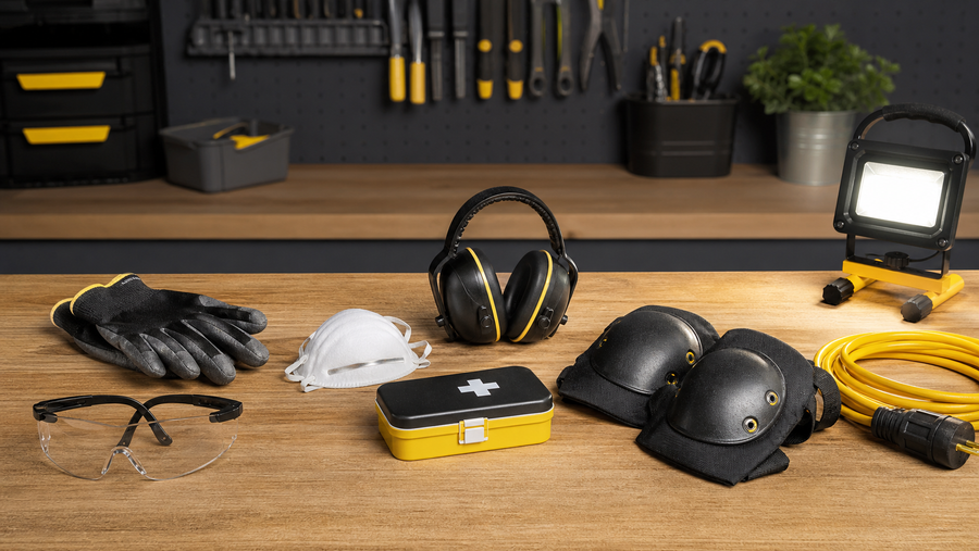DIY safety gear arranged on a workshop bench