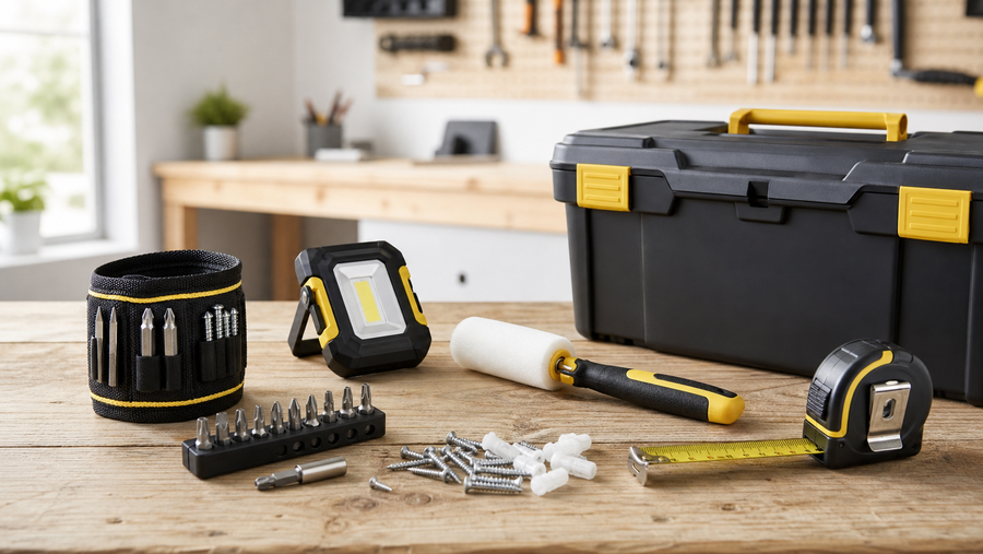 Handy tools and accessories arranged on a workbench