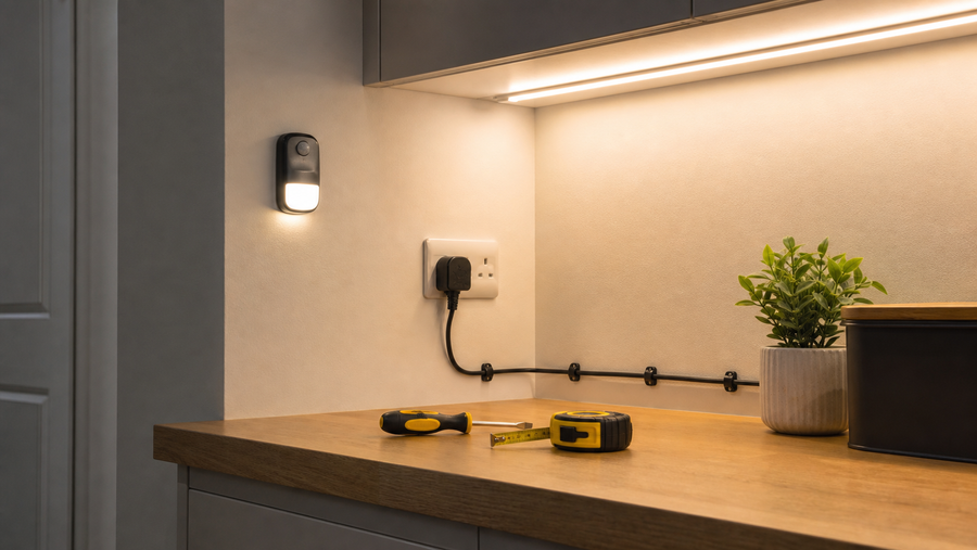 Under-cabinet lighting and motion sensor light in a home workspace