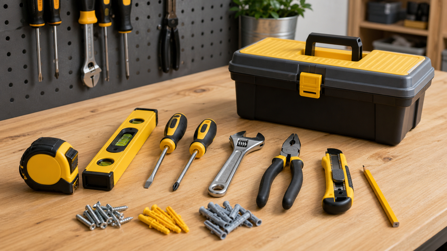 Starter hand tool kit arranged on a workbench