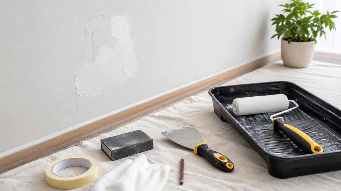 Wall repair and painting touch-up tools laid out before painting