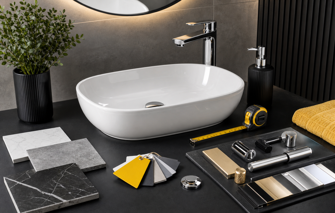 Bathroom basin with tape measure and finish samples