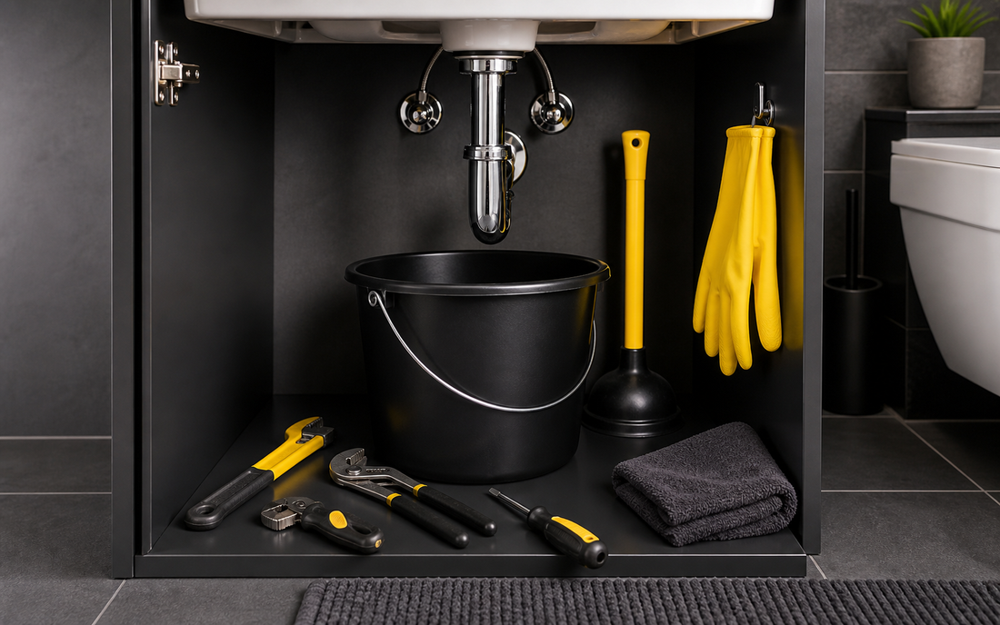 Blocked basin repair setup with waste trap bucket plunger and gloves