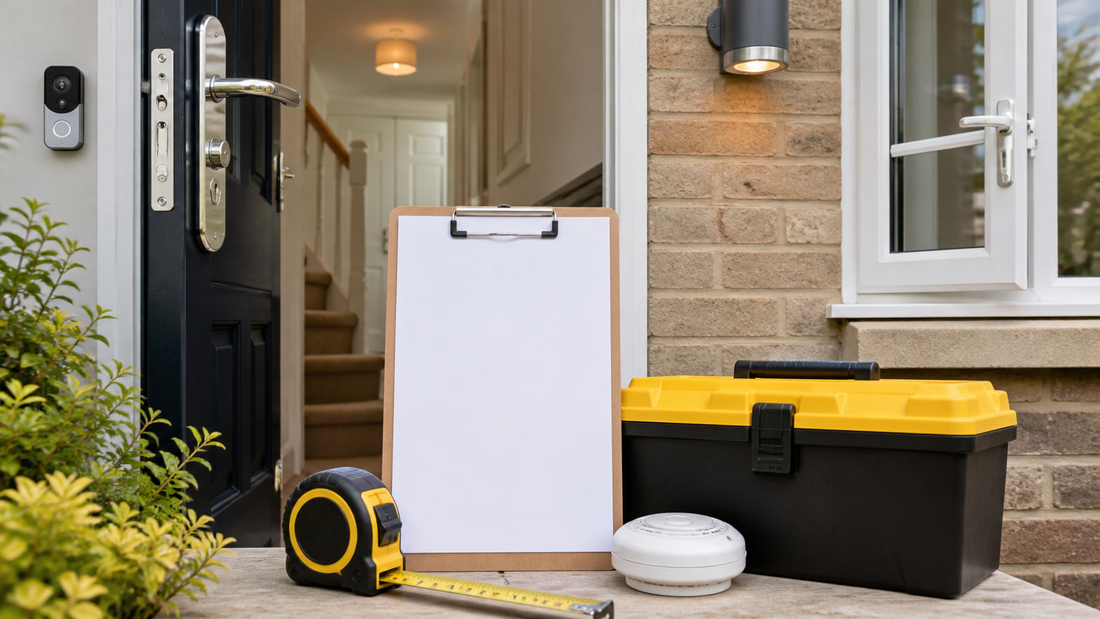 Home security audit with front door camera locks light checklist and toolbox