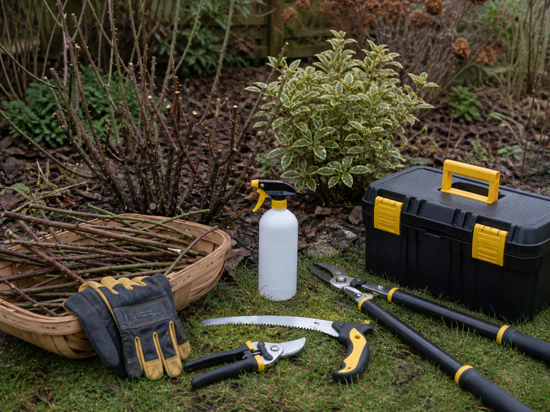 Autumn and winter pruning tools beside shrubs in a garden