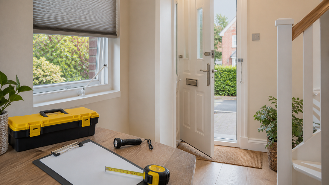 Home security fire escape and privacy planning with door window checklist and toolbox