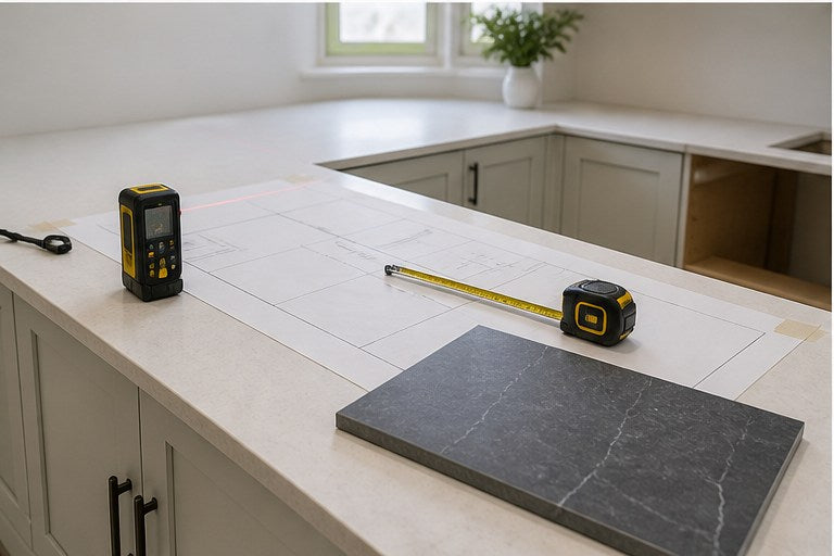 Bespoke kitchen worktop templating with plan and samples