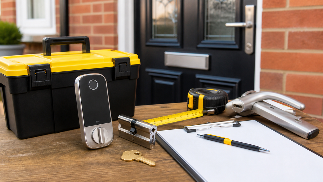 Biometric door lock planning with backup key measurement and toolbox