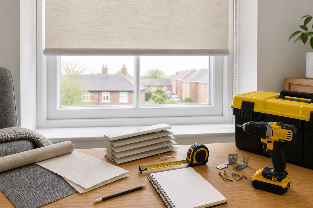 Blind samples, measuring tape and fitting tools by a UK window