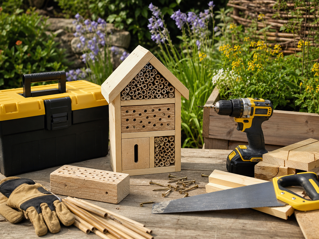 Bee hotel being built from timber and bamboo canes in a garden workspace