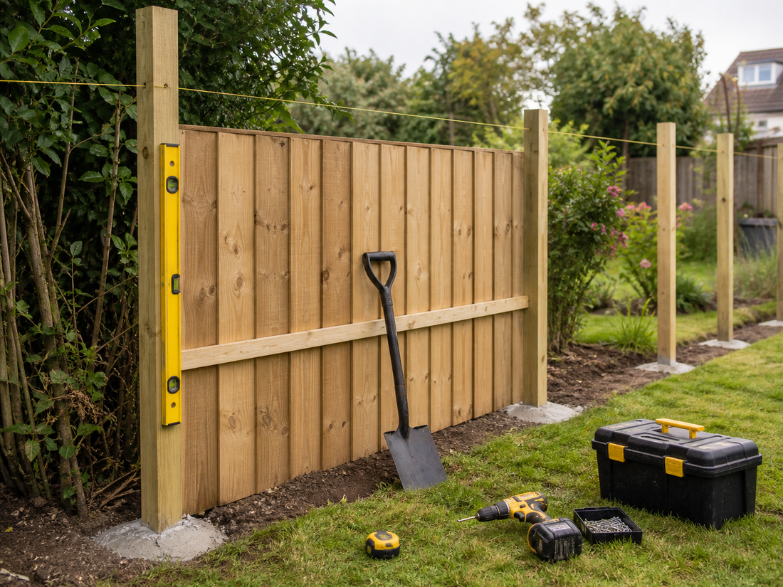Garden fence posts and timber panels being aligned with tools nearby