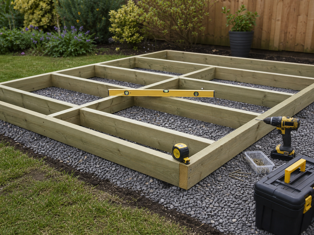 Ground-level timber deck frame being built over gravel in a garden