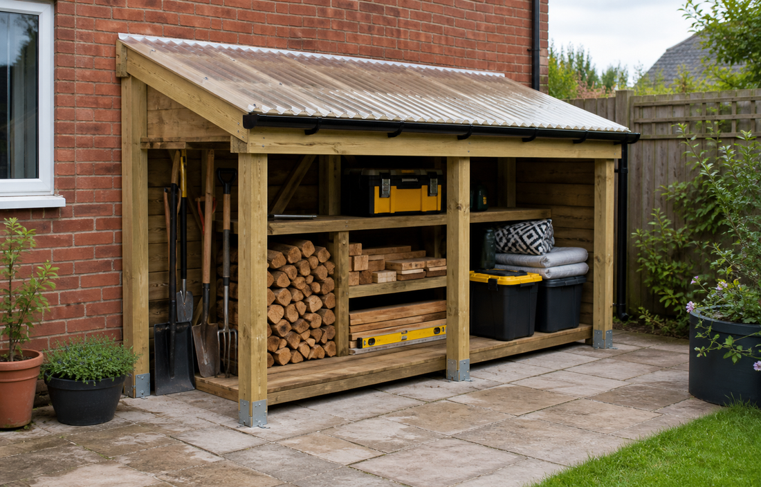 Finished timber lean-to storage shelter beside a brick house wall