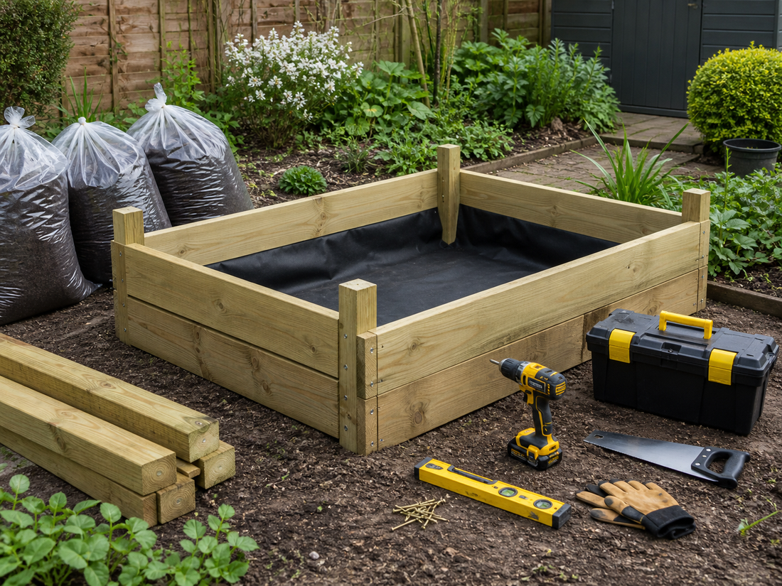 Timber raised garden bed being built with tools and compost nearby