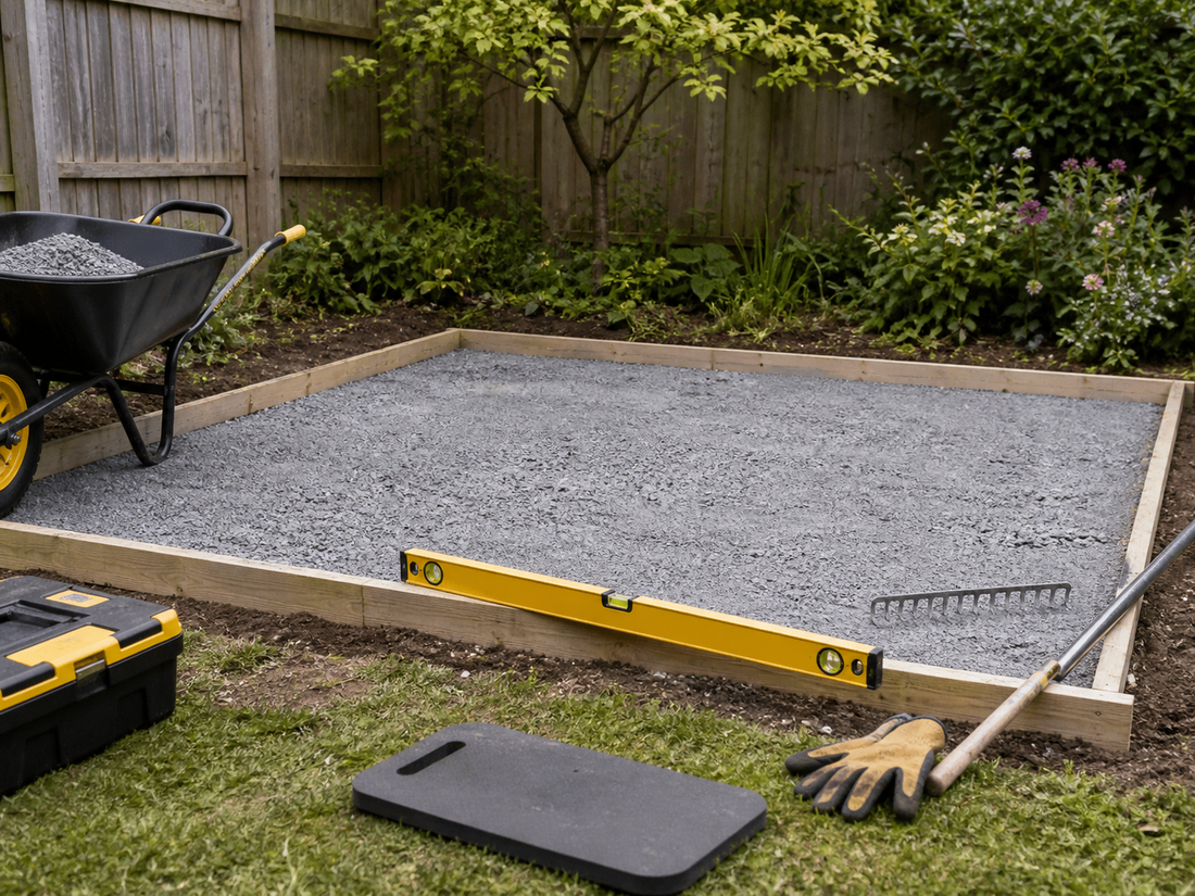 Prepared shed base with compacted aggregate, timber frame and garden tools