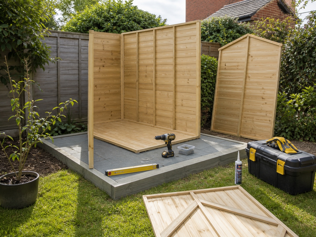 Small timber garden shed being assembled on a level base with tools nearby