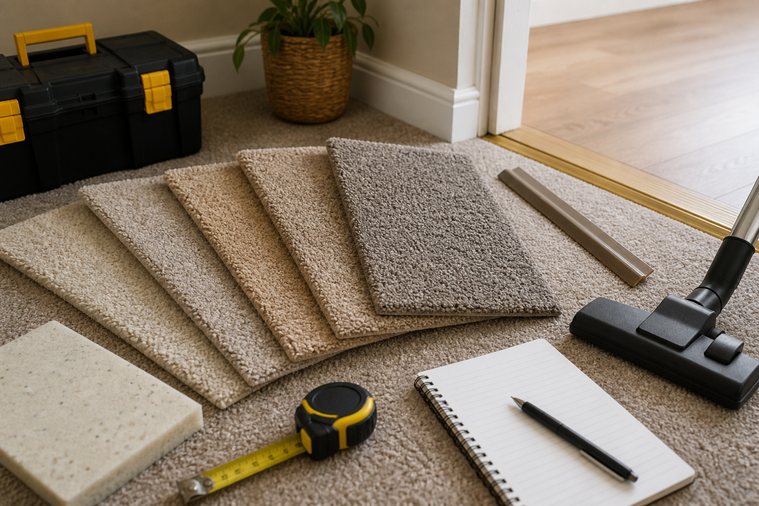 Carpet samples and underlay near a doorway for a carpet buying guide