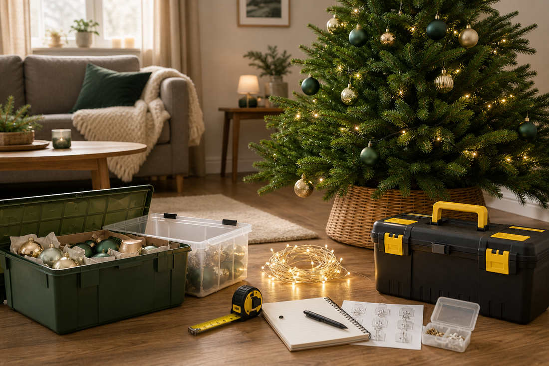 Christmas tree decorating supplies and tools in a living room