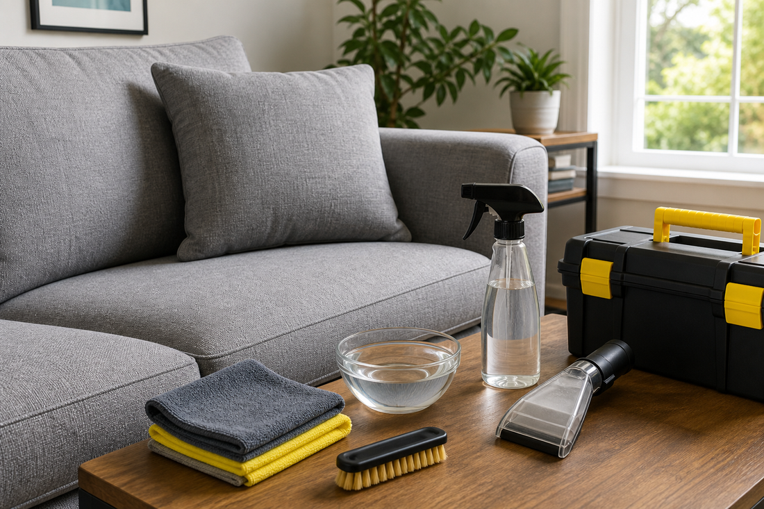Sofa fabric cleaning tools beside a fabric sofa