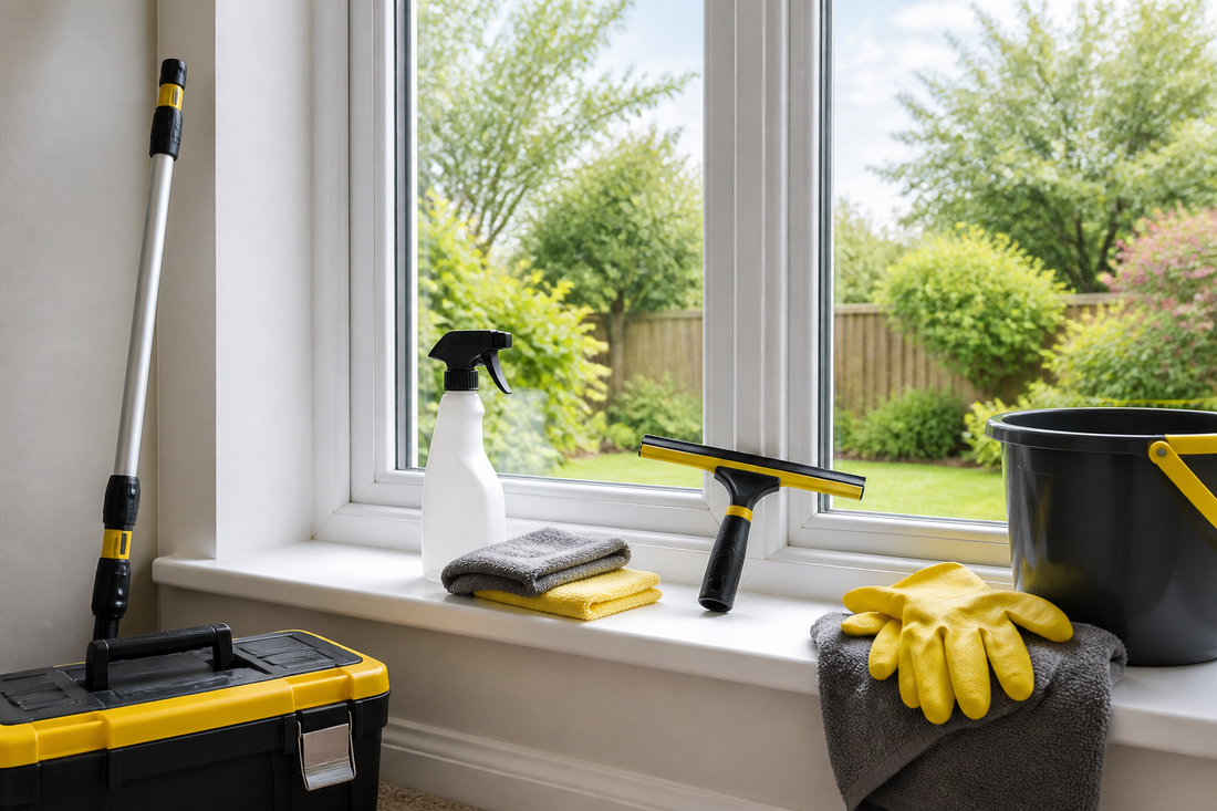 Window cleaning tools arranged on an interior windowsill