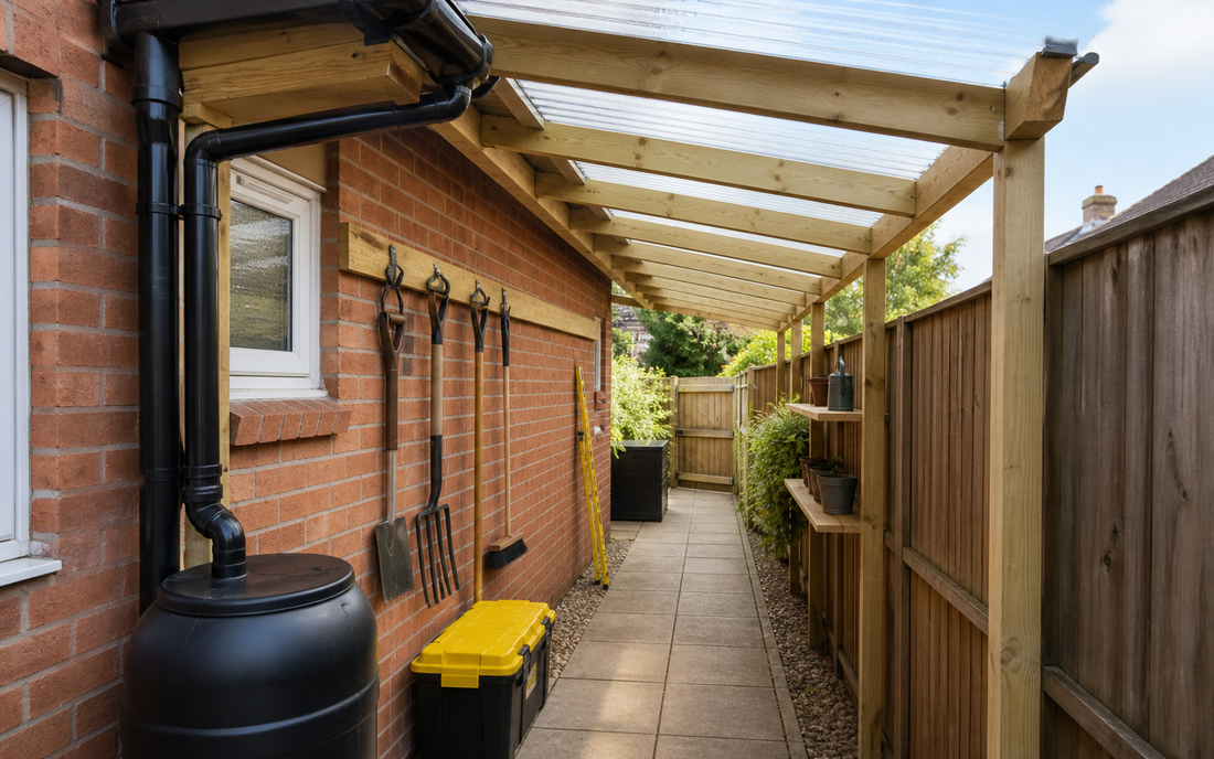 Finished covered side walkway beside a brick house with clear roof, guttering and tool storage