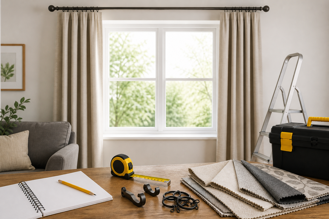 Curtain pole, fabric samples and measuring tools by a living room window