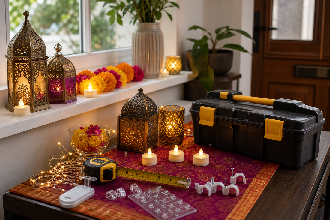 Diwali lanterns, LED tealights and decoration fixing tools