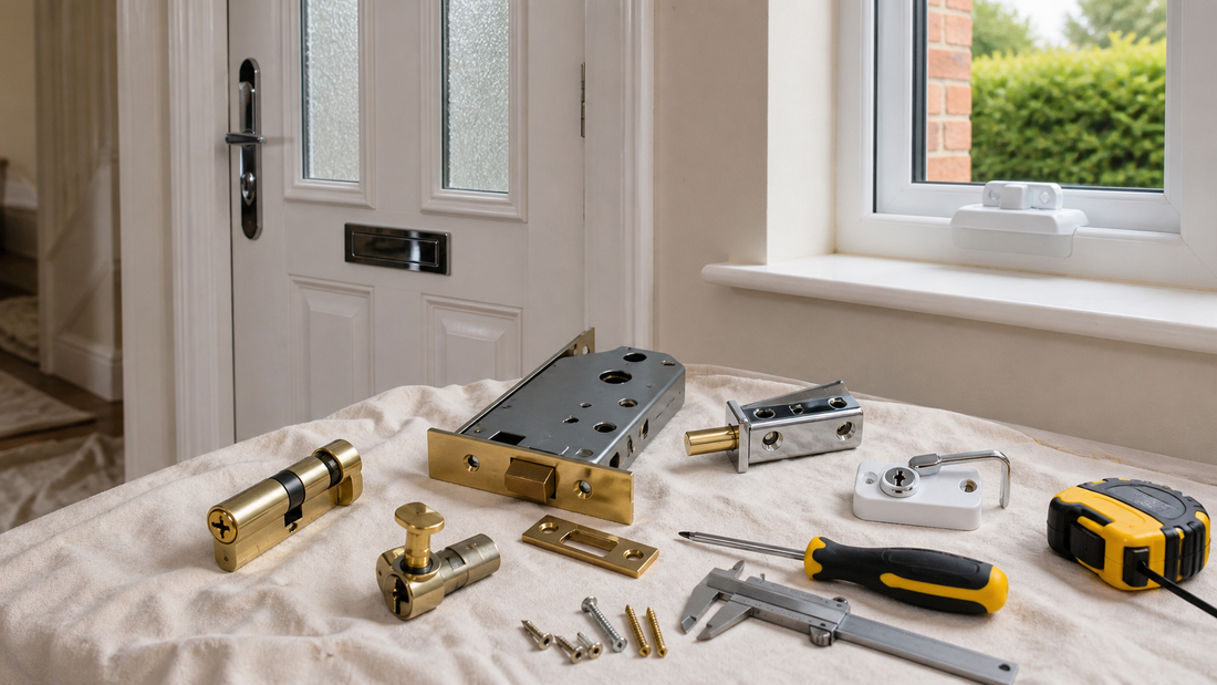 Door and window lock options with cylinders, mortice lock, window lock and measuring tools