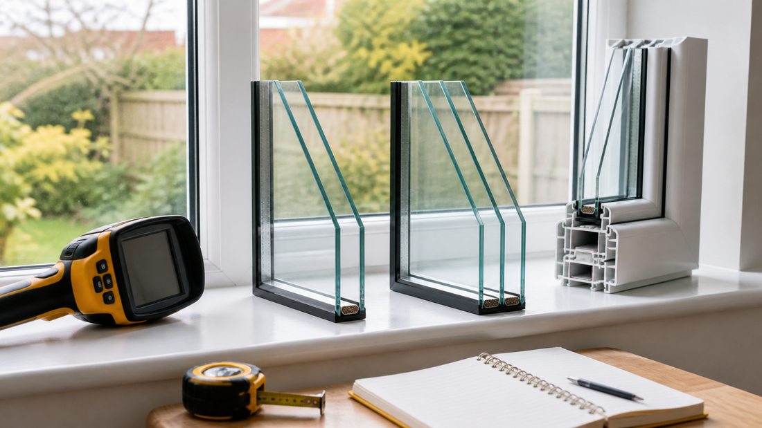 Double and triple glazing sample units beside a window with frame sample and planning tools