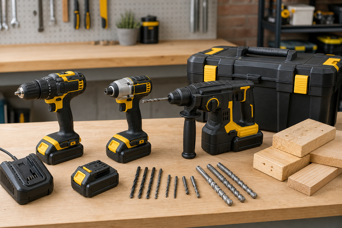 Cordless drill driver, impact driver and SDS drill compared on a workbench for a HIP Toolbox drill buying guide