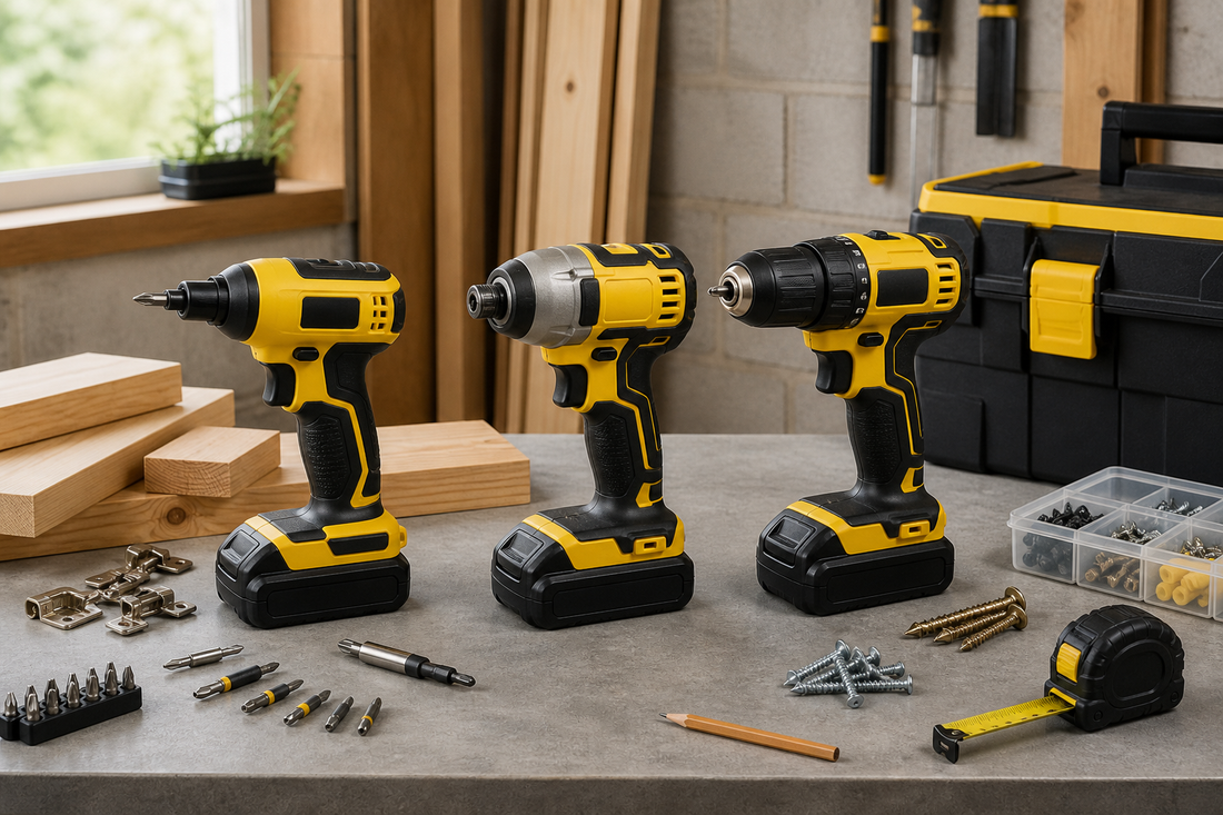 Electric screwdriver, impact driver and drill driver comparison on a workshop bench