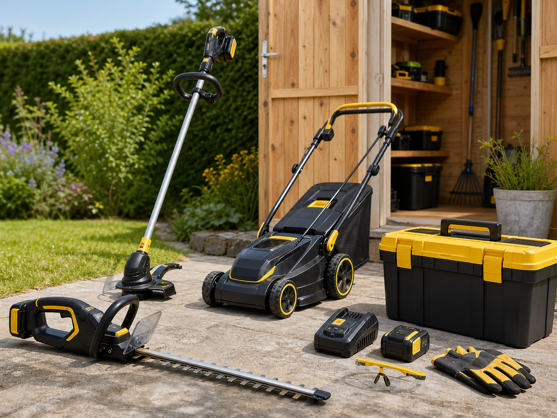 Essential cordless garden power tools laid out by a shed