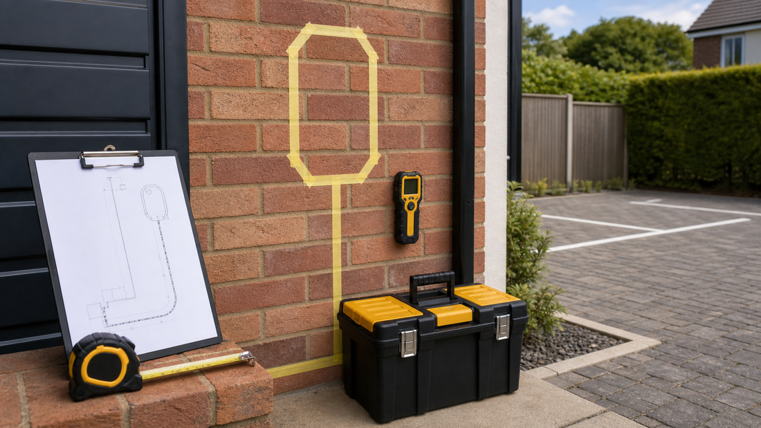 EV charger installation planning on exterior wall with survey tools