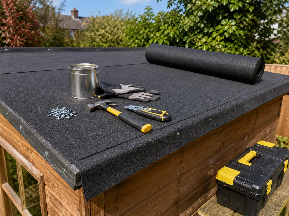 Shed roof felt replacement setup with hammer, nails and roofing felt