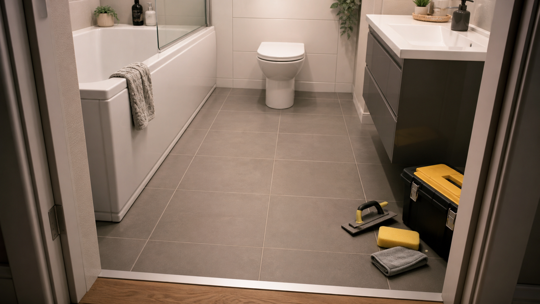 Finished grey tiled bathroom floor with neat grout, threshold strip, sponge and grout float