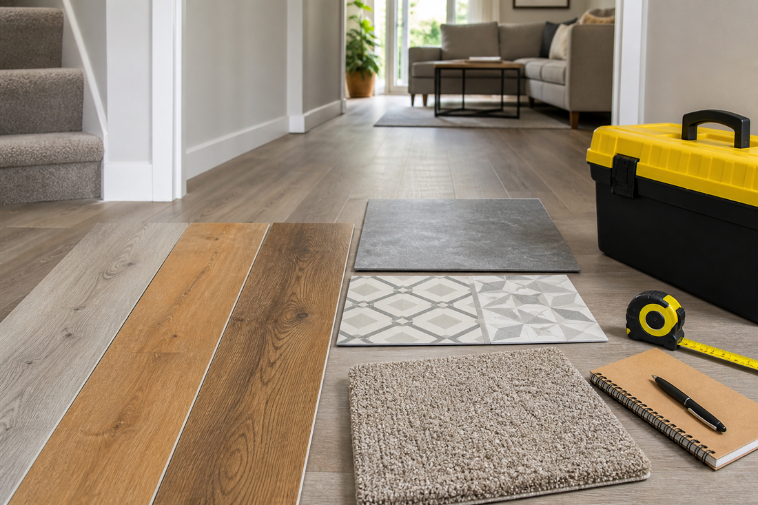 Different flooring samples arranged in a UK hallway and living room