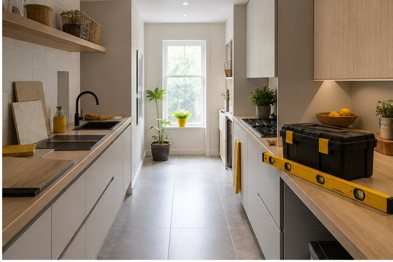 Narrow galley kitchen ideas with storage and measuring tools