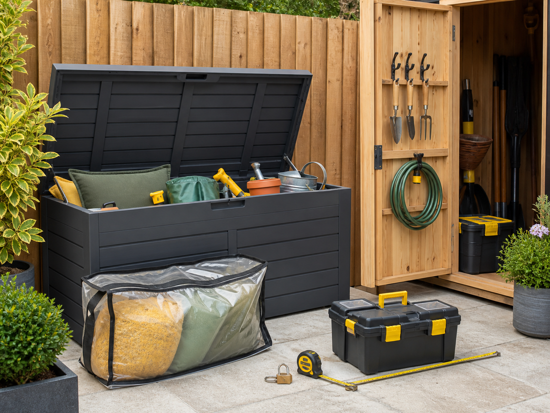 Garden storage box and shed storage ideas with tools